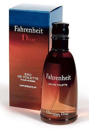 Туалетна вода Dior Fahrenheit має яскраве оформлення, а флакон виконаний з прозорого скла, витягнутого до вершини